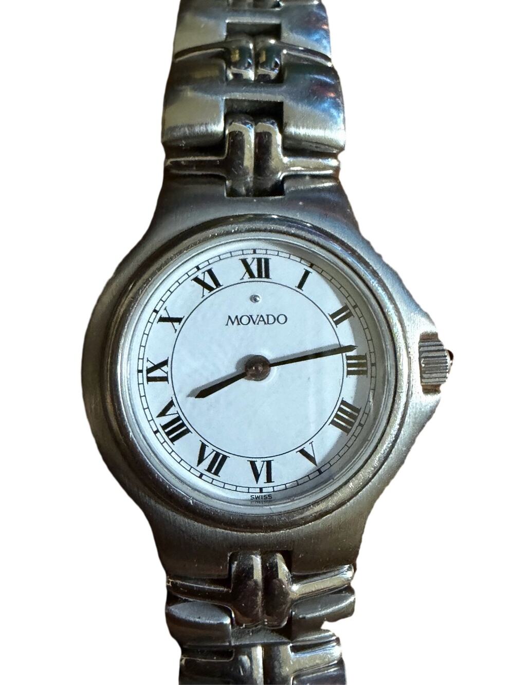 Movado Ladies Swiss Quartz Watch Stainless Steel White Roman Numeral Dial